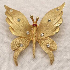 Vintage PELL Butterfly Rhinestone Pin Brooch Gold Tone
